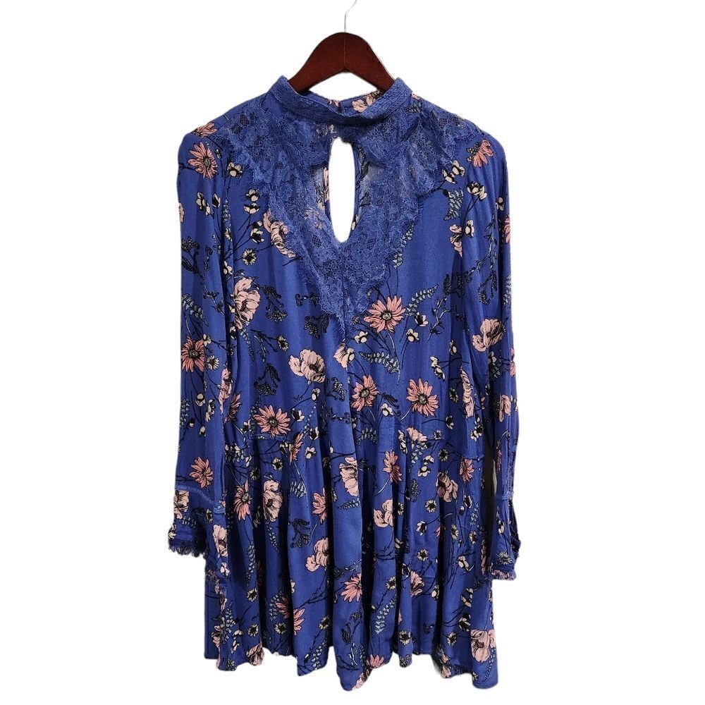 Lulu's New You Royal Blue Floral Print Lace Long Sleeve Swing Dress Size Small - Picture 2 of 7
